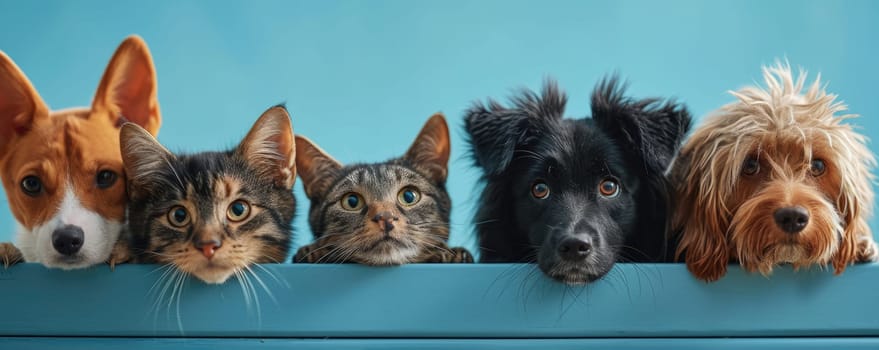 The picture of front view and close up of the multiple group of the various cat and dog in front of the bright blue background that look back to the camera with the curious and interest face. AIGX03.