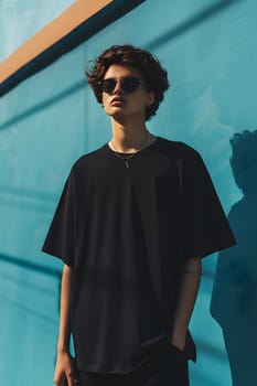 A young man, wearing sunglasses and a black tshirt, casually stands in front of an electric blue wall. His stylish eyewear adds a fun touch to the fashion design event