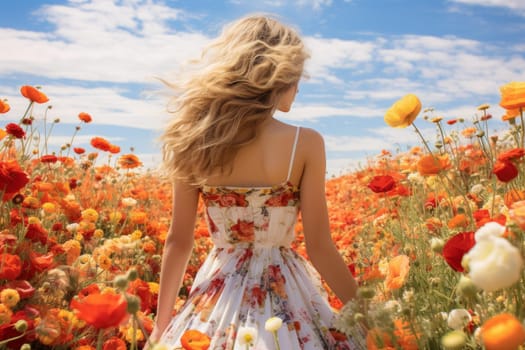 Picturesque woman flower field. Floral summer. Generate Ai