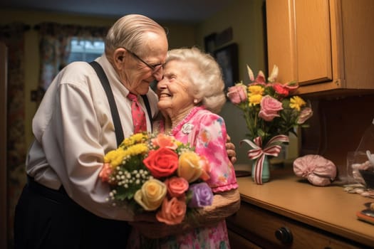 Romantic Senior man surprises wife with flowers. Happy romantic couple on valentines day. Generate Ai