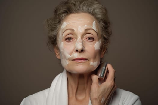 Elegant Senior woman applying cosmetic banner. People health. Generate Ai