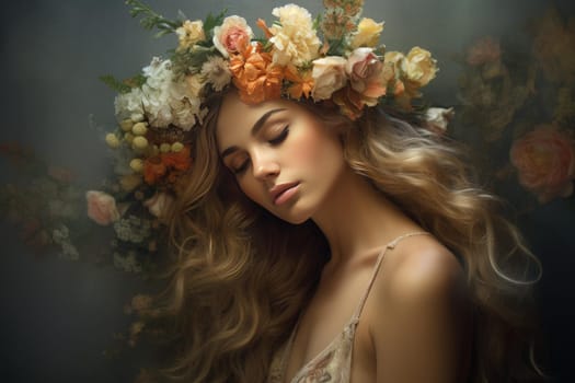 Peaceful Serene woman flower crown. Crown model hair beauty face. Generate Ai