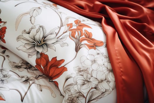 Comfortable Bedroom set home textile. Red color fashion calm design. Generate Ai