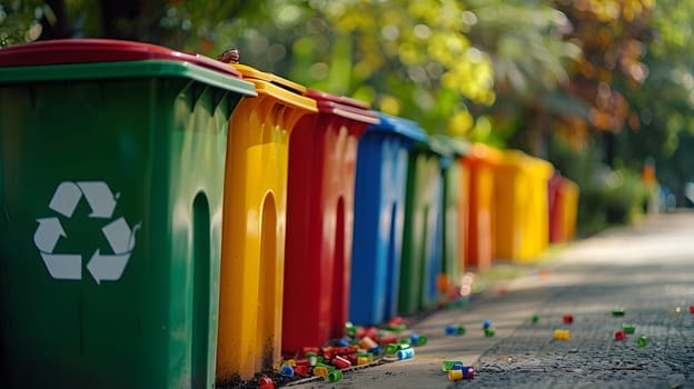 A row of vibrant trash cans, painted in various colors, are arranged along the roadside. They stand out against the green grass and nearby trees, creating an artistic display in the urban biome