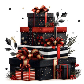 A stack of Christmas presents with bows and ribbons showcased against a white background, resembling a festive art piece with a touch of evergreen twigs and natural materials