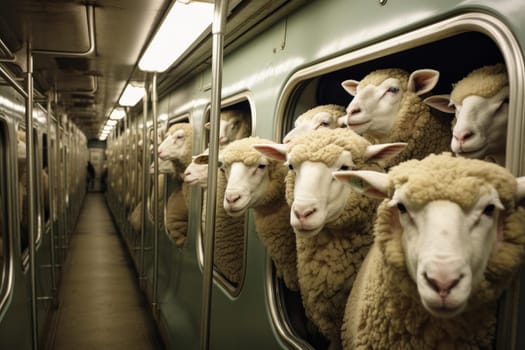 Crowded Sheep crammed subway. Fluffy wool animal passengers in metro transportation. Generate ai