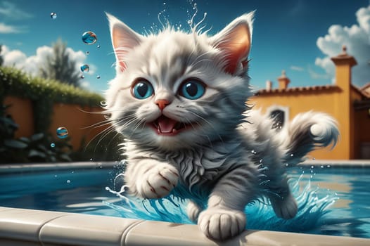 Happy cat swims in the pool near the house. AI generated image.