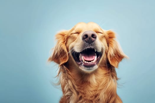 A Golden Retriever appears to be smiling broadly, with its eyes closed in apparent delight, set against a soothing blue backdrop, capturing a moment of pure canine happiness - Generative AI