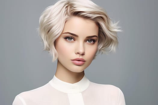 Chic Short haircut stylish lady. Pretty fashion adult elegant blonde lady. Generate Ai