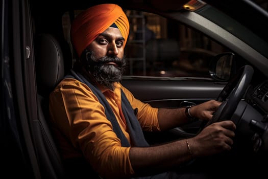 Industrious Sikh adult taxi driver city street. Cheerful turban person city trip. Generate AI