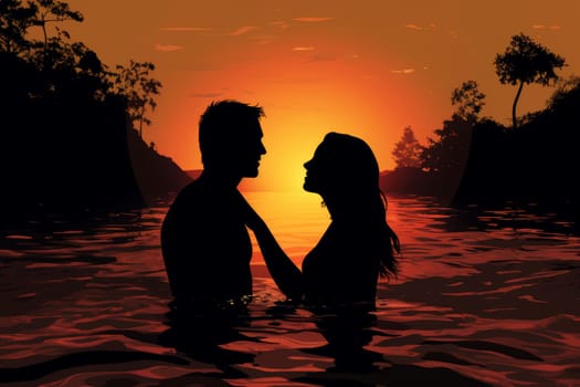 Tranquil Couple enjoying sunset tropical. Summer people. Generate Ai