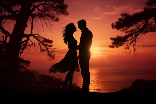 Tranquil Silhouette of couple at the orange sea sunset sky. Young lovers on ocean honeymoon walking in dusk. Generate ai