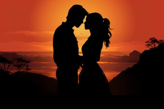 Affectionate Silhouette of romantic couple admiring sunset together. Lovers on ocean fiery sundown scene. Generate ai