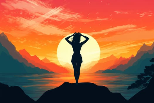 Serene Silhouette of yoga girl. Meditation relax. Generate Ai