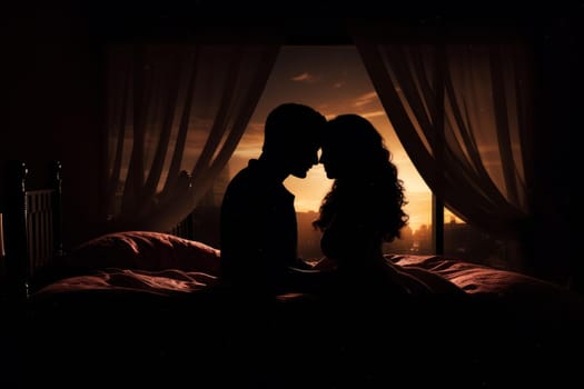 Intimate Silhouette of couple in bed at night time relationship. Sexual lifestyle home pleasure. Generate Ai