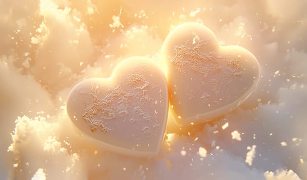 National White Chocolate Day. Dessert, White Chocolate Hearts on Pastel Background with Golden Light. St Valentine Day. Love. Horizontal Plane. AI Generated. High quality photo