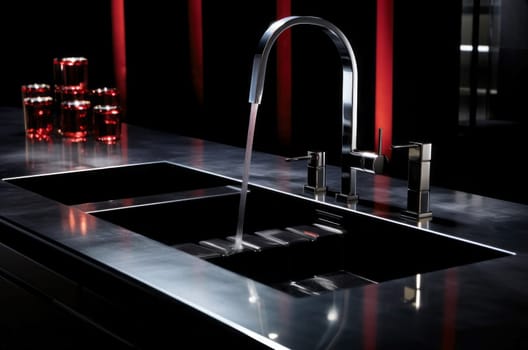 Functional Sink faucet kitchen. Metal cold stream. Generate ai