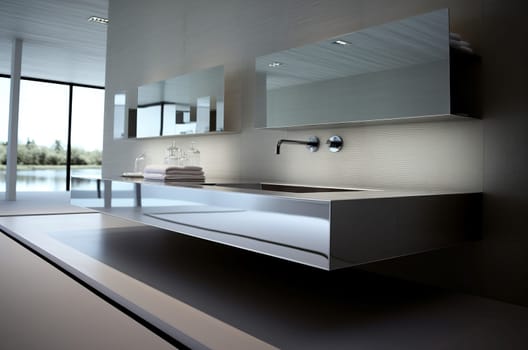 Sleek Sinks minimalist bathroom mirror. Home room. Generate Ai