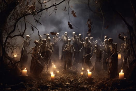 Desolate Skeletons cemetery risen night. Human skull. Generate Ai