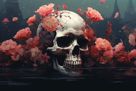 Vibrant Skull flowers art. Vintage art dark. Generate Ai