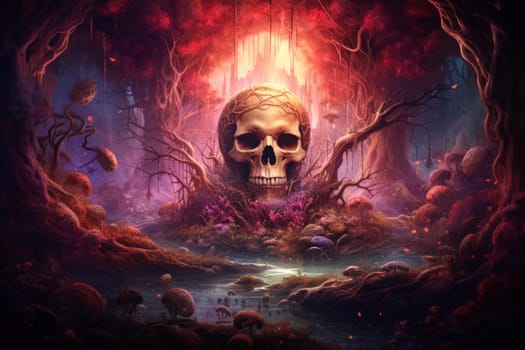 Eerie Open skull magic forest. Dark cave. Generate Ai