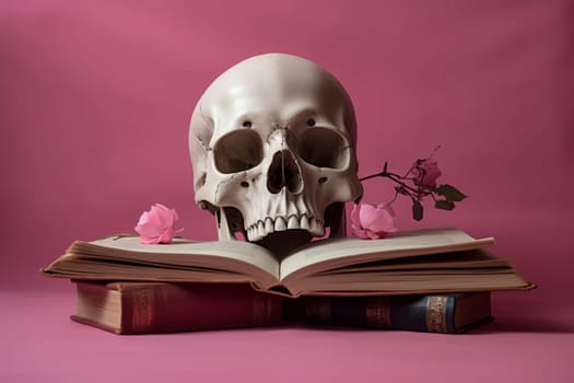 Whimsical Skull pink reading woman. People character. Generate Ai