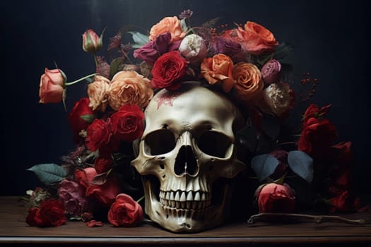 Vibrant Skull roses paint life. Art spring. Generate Ai
