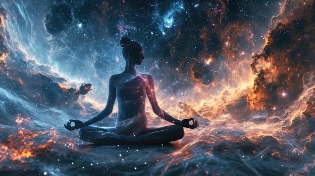 The picture of the young or adult female human doing the yoga pose for relaxation or meditating the mind in the middle of the fantasy surreal space with bright light from the source of light. AIGX03.