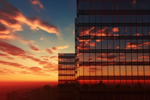 Majestic Skyscraper facade sunset. Sky urban. Generate Ai