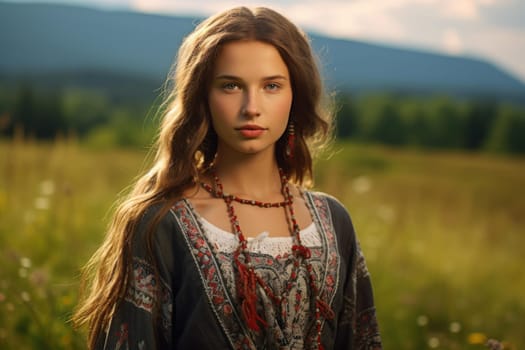 Picturesque Slavic girl in sundress in rural meadow. Traditional dressed woman in wild nature field. Generate ai