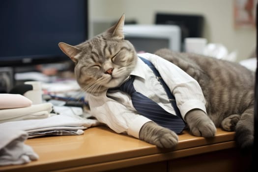 Lethargic Sleepy cat office. Desk table. Generate Ai