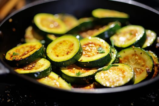 Fresh Sliced zucchini in pan on table. Summer food cuisine dinner slice. Generate Ai