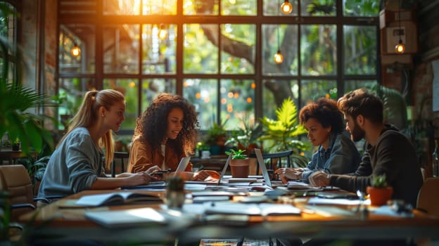 A group of people are gathered around a table inside a greenhouse, enjoying leisure activities and sharing art while having fun during the event