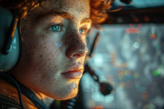 A young boy wearing headphones is seated in a cockpit, exploring and interacting with the controls.