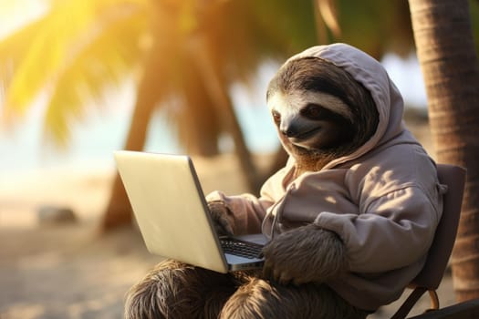 Laid-back Sloth freelancer beach. Working mammal. Generate Ai