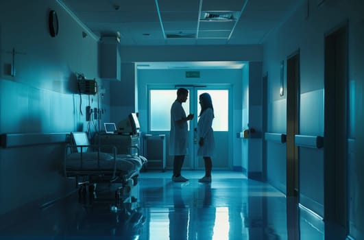 A man and a woman are conversing in the electric blue hospital hallway. The aqua walls create a peaceful ambiance despite the somber event