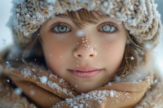 A young girl dressed in a warm winter hat and scarf standing in the snow.