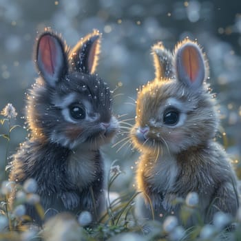 Two small rabbits sitting side by side in a grassy field.