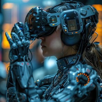 A woman wearing a robot suit is listening to music using headphones in a futuristic setting.