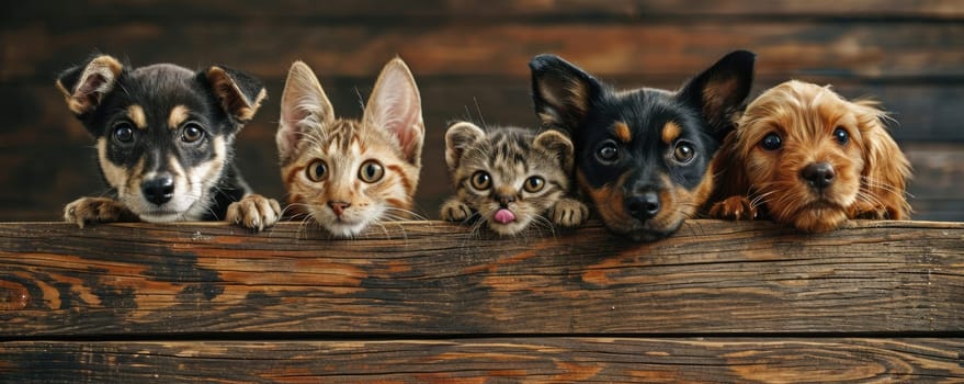 The picture of front view and close up of the multiple group of the various cat and dog in front of the wood object background that look back to the camera with the curious and interest face. AIGX03.