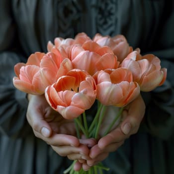 A person holding a bunch of colorful flowers in their hands.