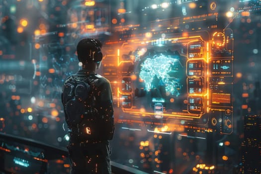 A man stands in the foreground with a futuristic city as the backdrop, showcasing advanced architecture and technology.