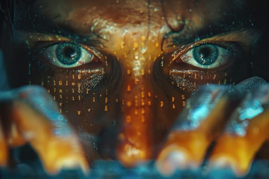 A close-up of a persons face with striking blue hacker eyes, focused and intense.