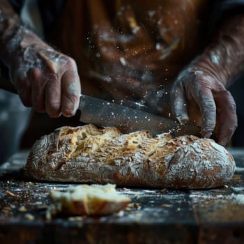 A man is using a knife to slice a loaf of bread on a wooden cutting board.