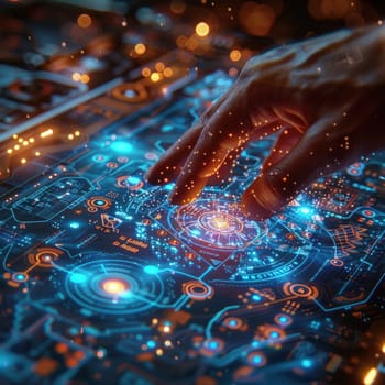 Close-up view of hands touching a circuit board, with visible light and technology components.