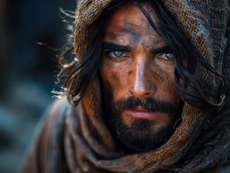 Close up of a man wearing a scarf, focusing on his facial features and the scarf wrapped around his neck.