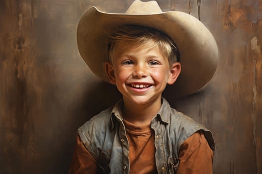 Cheerful Smiling boy cowboy. Vintage male. Generate Ai