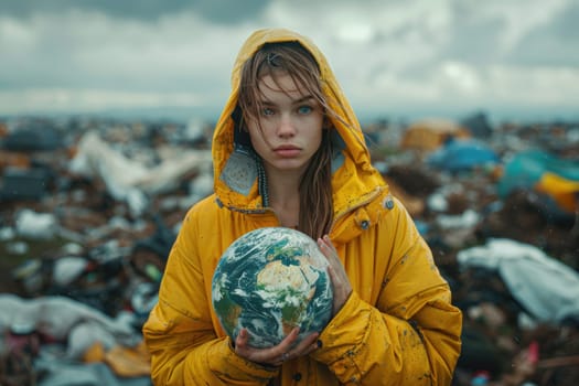 A woman wearing a yellow jacket holding a globe in her hands.