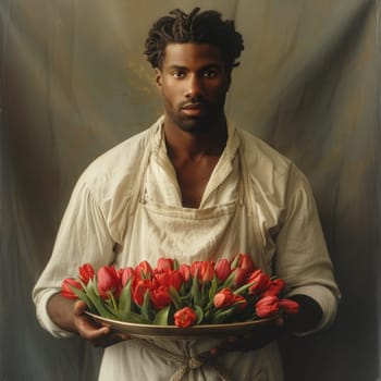 A man is holding a plate filled with vibrant red flowers.