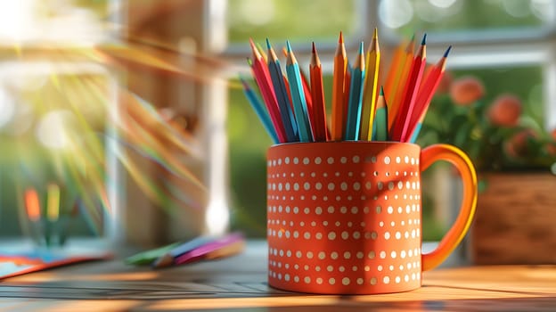 A desk organizer cup filled with orange colored pencils is placed on a wooden table, serving as both a drinkware and writing implement holder